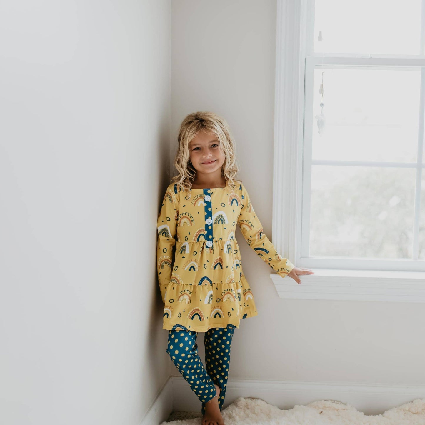 Kids Mustard Rainbow Polka Dot Two Piece Boutique Outfit