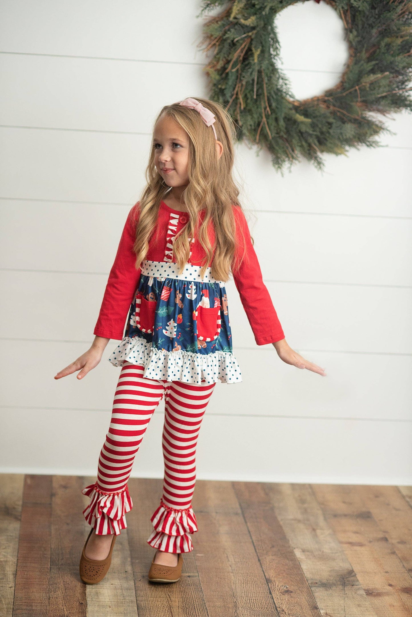 Kids Christmas Holiday Candy Cane Stripe Ruffle Pocket Boutique Outfit