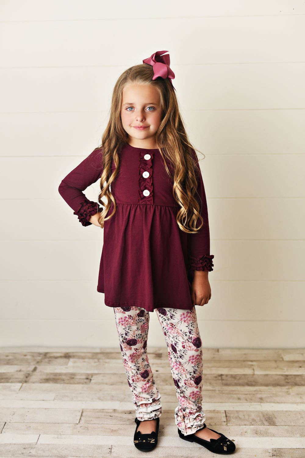 Adorable Sweetness- Dark Burgundy Floral Fall Girls Outfit