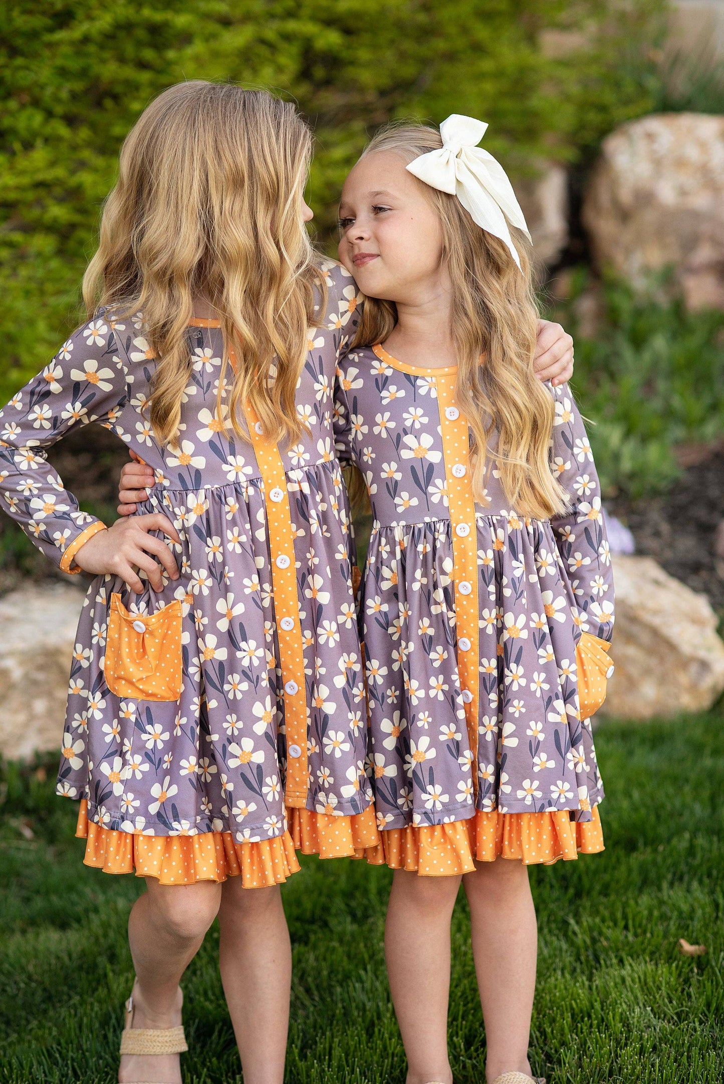 Kids Gray & Mustard Floral Ruffle Button Pocket Dress Adorable Sweetness