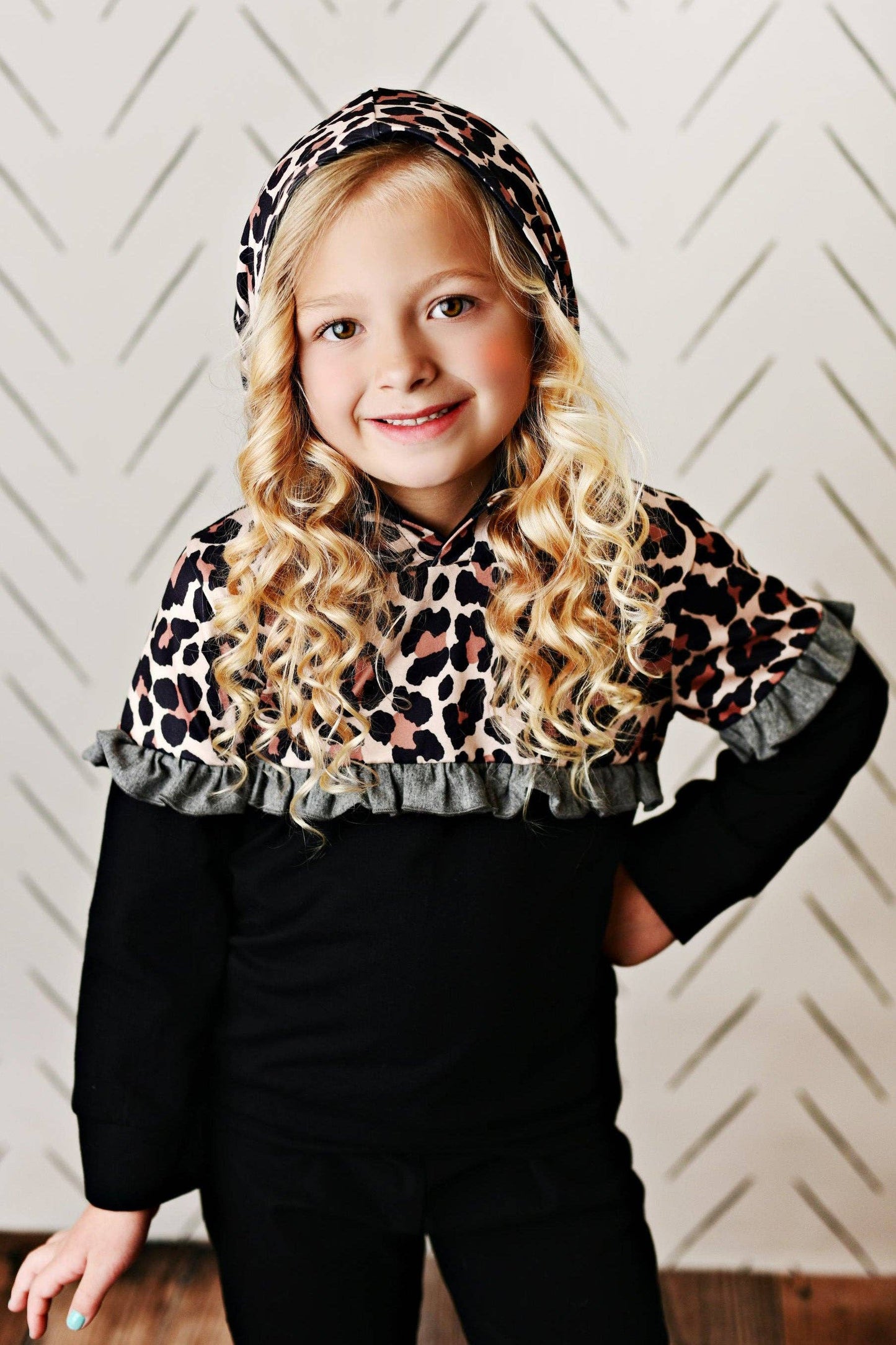 Adorable Sweetness Kids Black Leopard Ruffle Hooded Sweatshirt Lounge Set