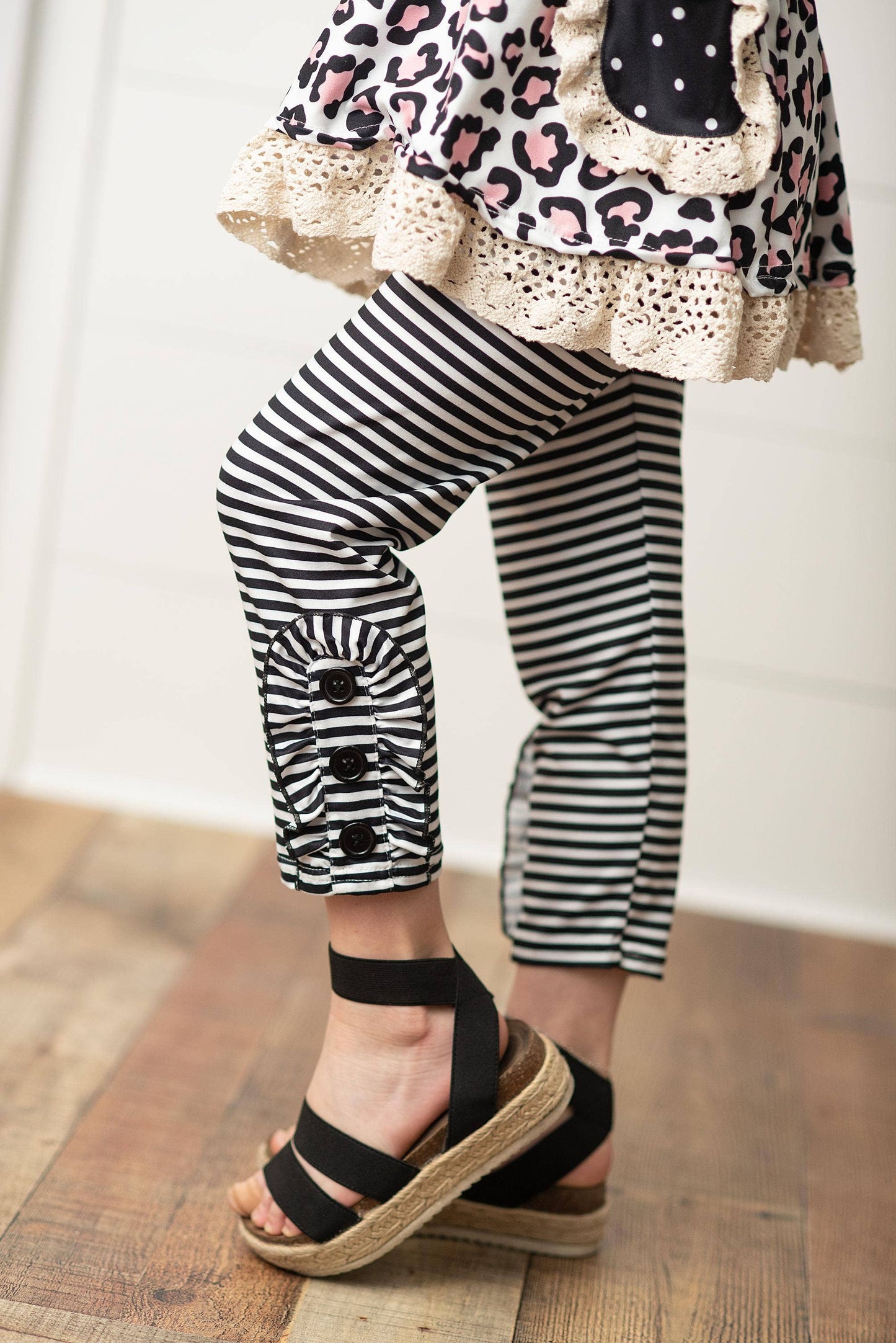 Kids Black Stripe Leopard Pocket Two Piece Fall Ruffle Set