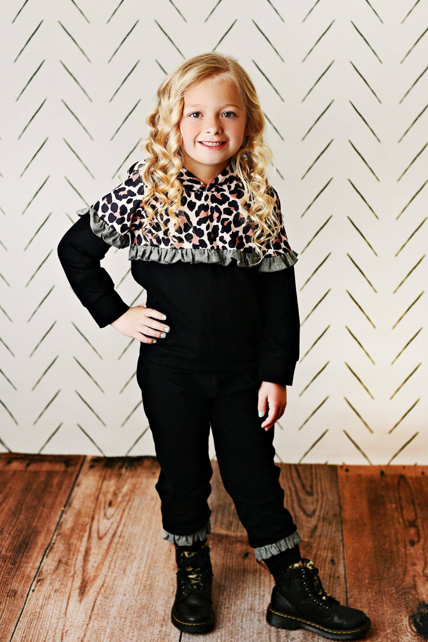 Adorable Sweetness Kids Black Leopard Ruffle Hooded Sweatshirt Lounge Set