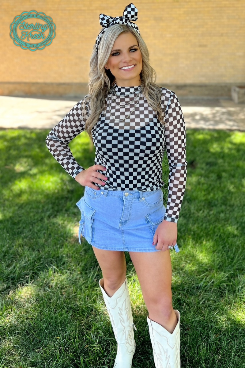 Sterling Kreek – Round The Track Black & White Checkered Mesh Top – Women’s Streetwear Layering Shirt