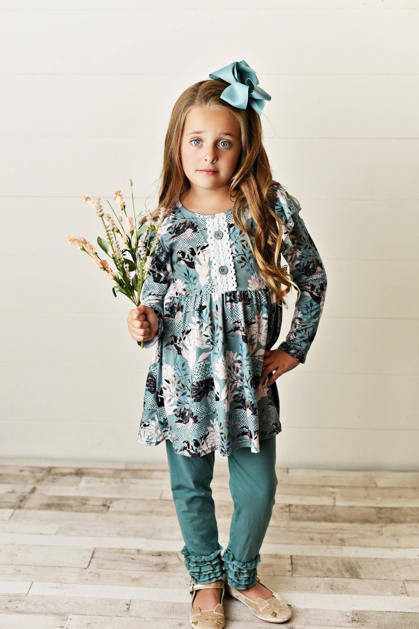 Adorable Sweetness Kids Sage Green Floral Tunic Top & Legging Pants Set