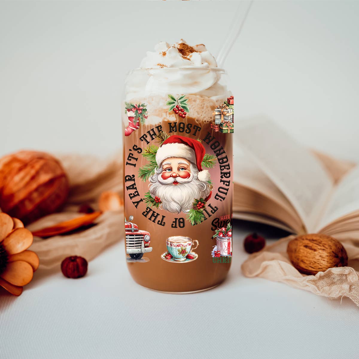 Gia Roma Candy Cane Christmas Can Glass – Holiday Cup with Glass Straw & Lid, Festive Drinkware for Christmas