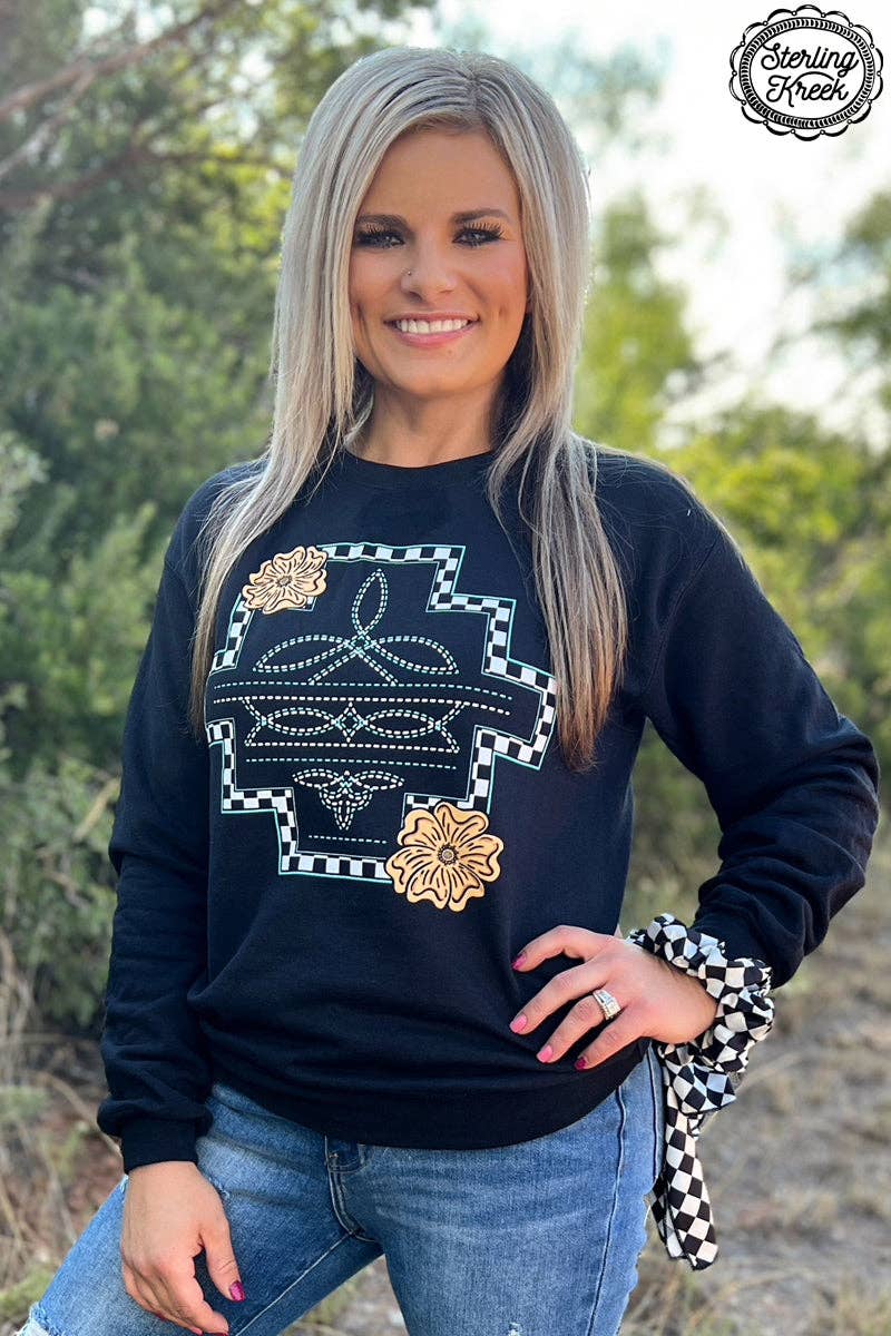 Little Country Little Hood Pullover – Checked Aztec Graphic Hoodie with Leather Flower Accents, Trendy Women’s Pullover