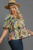 Restocked Umgee Full Size Abstract Print Smocked Square Neck Puff Sleeve Blouse