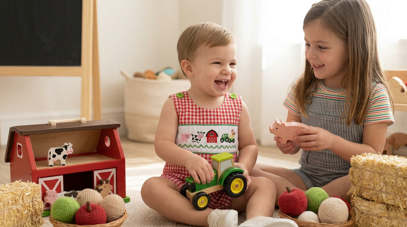 Baby Boy Farm Animal Embroidered Jon Jon – Red Gingham Barnyard Romper Boutique Outfit