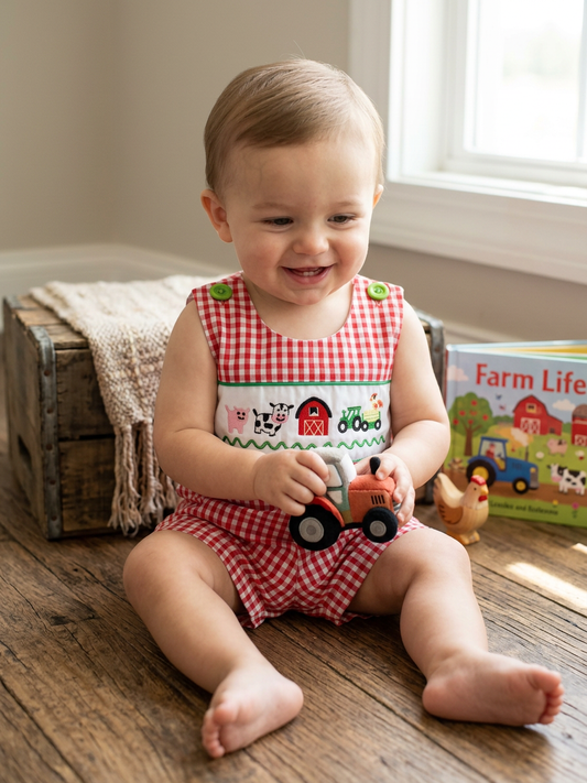 Baby Boy Farm Animal Embroidered Jon Jon – Red Gingham Barnyard Romper Boutique Outfit