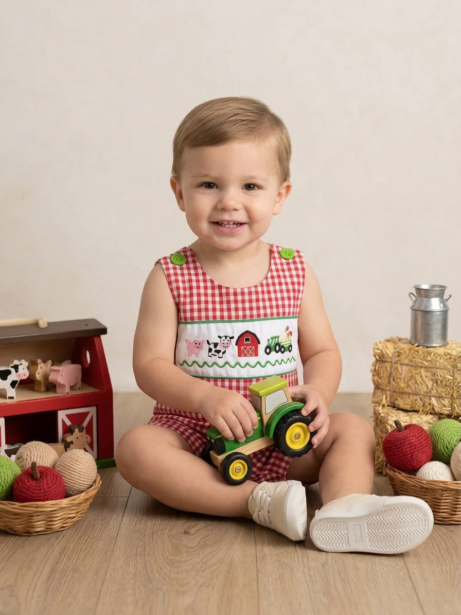 Baby Boy Farm Animal Embroidered Jon Jon – Red Gingham Barnyard Romper Boutique Outfit