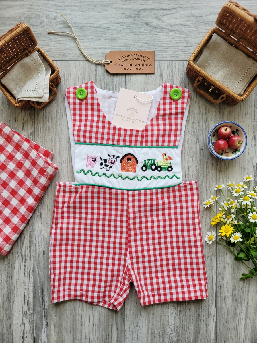 Baby Boy Farm Animal Embroidered Jon Jon – Red Gingham Barnyard Romper Boutique Outfit