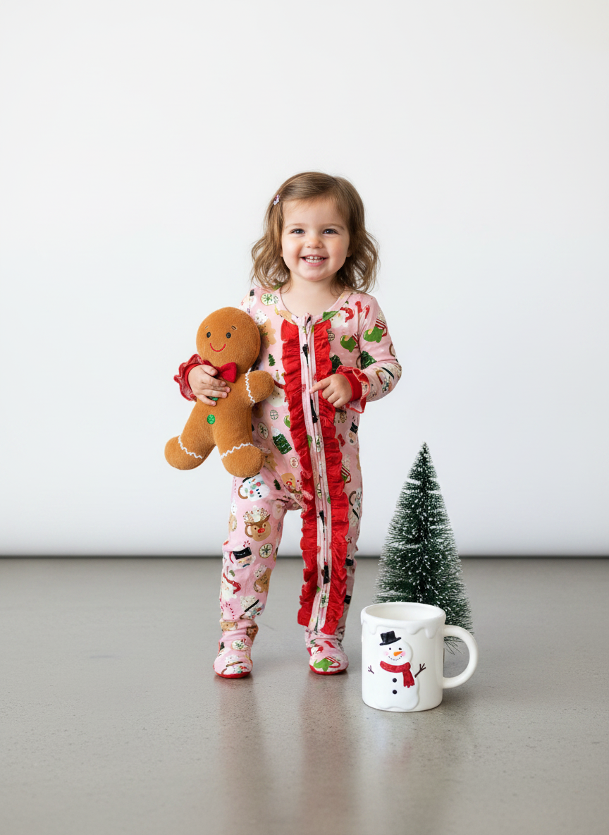 A young child wearing a festive Christmas-themed pajama set stands holding a gingerbread cookie toy. The pajamas feature a light pink background with red ruffles down the front and a holiday print of snowmen, Santa Claus, and Christmas trees.