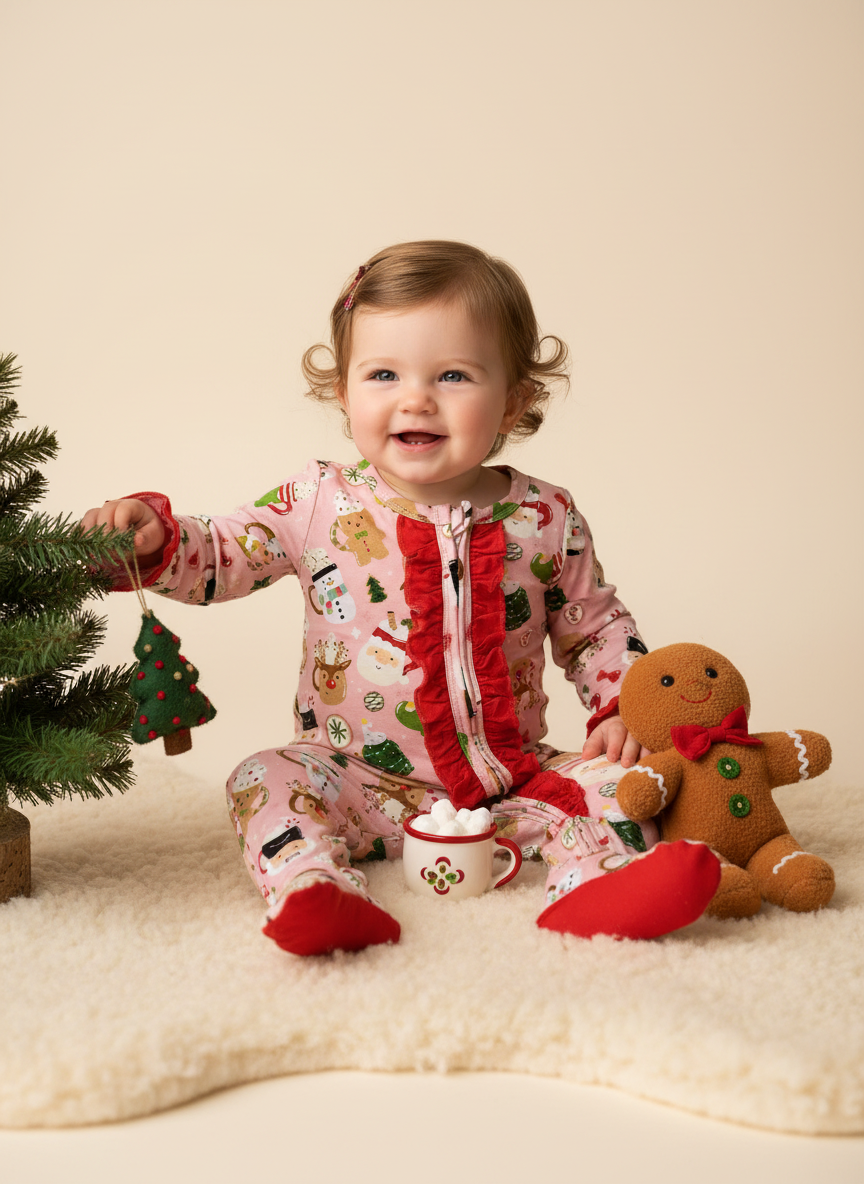 A baby sitting on a cream rug wearing a pink Christmas-themed footed pajama set with red ruffle trim and red socks. The baby is holding a small green Christmas tree ornament and sitting next to a gingerbread cookie toy, with a mug of hot chocolate in front.