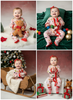 A four-panel collage of a baby wearing a festive Christmas-themed onesie with a red bow headband. The photos show the baby in different styled studio settings: sitting on a white rug and holding a gingerbread man toy, sitting on a green velvet cushion with colorful balls, sitting in front of a decorated Christmas tree in a wooden sleigh, and sitting on a white stool with wrapped gifts and a small reindeer toy.