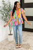 Bright Rainbow Swirl Peplum Top – Puff Sleeve Tie-Front Blouse | Small to 3X