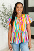 Bright Rainbow Swirl Peplum Top – Puff Sleeve Tie-Front Blouse | Small to 3X