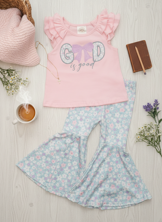 God Is Good” Embroidered Girls Boutique Outfit – Faith-Inspired Clothing