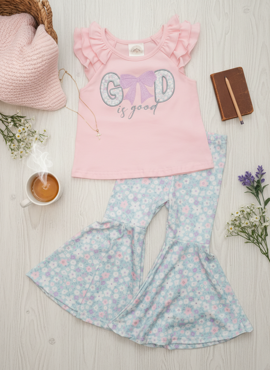 God Is Good” Embroidered Girls Boutique Outfit – Faith-Inspired Clothing