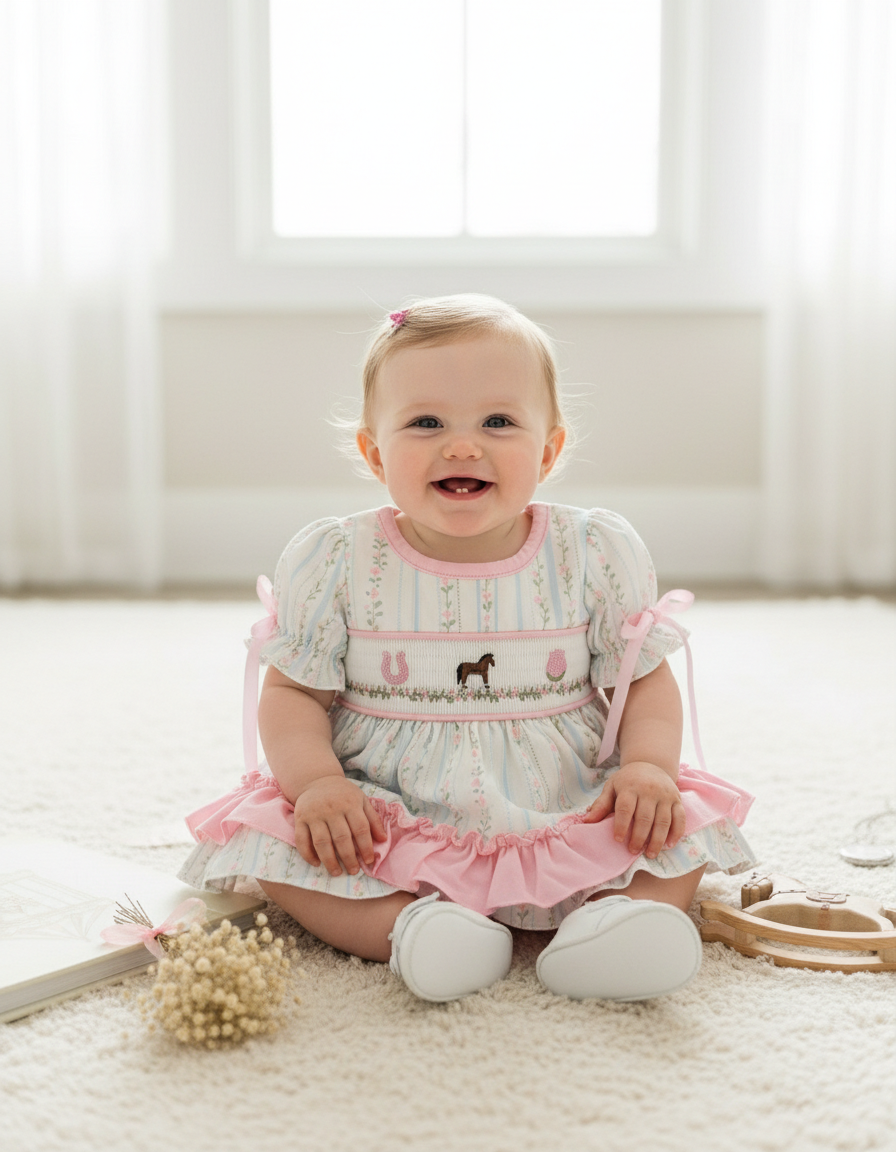 Sweet Meadow Pony Smocked Dress + Bloomers (Baby) 0-3 months