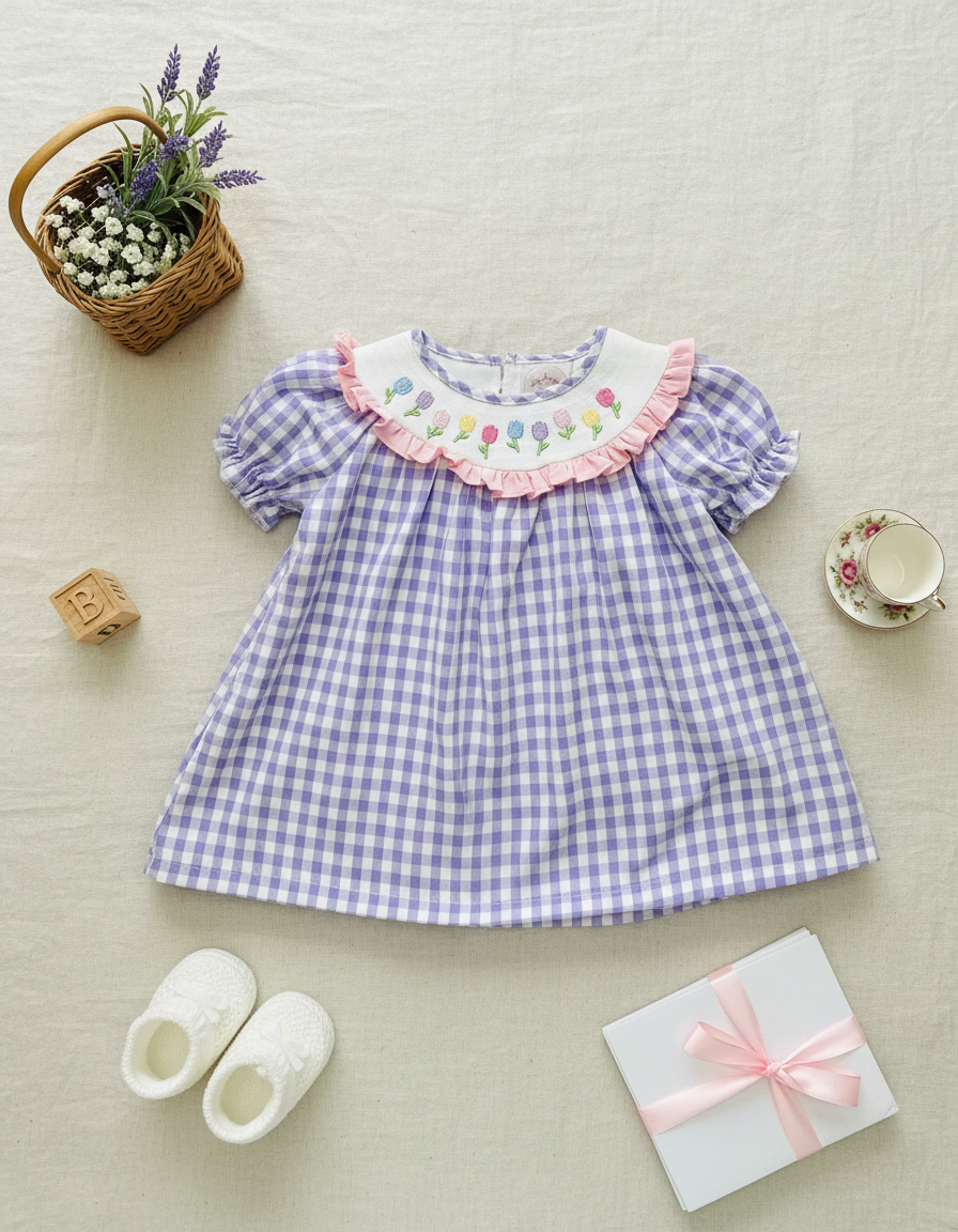 Children's purple checkered dress with floral collar on a light background