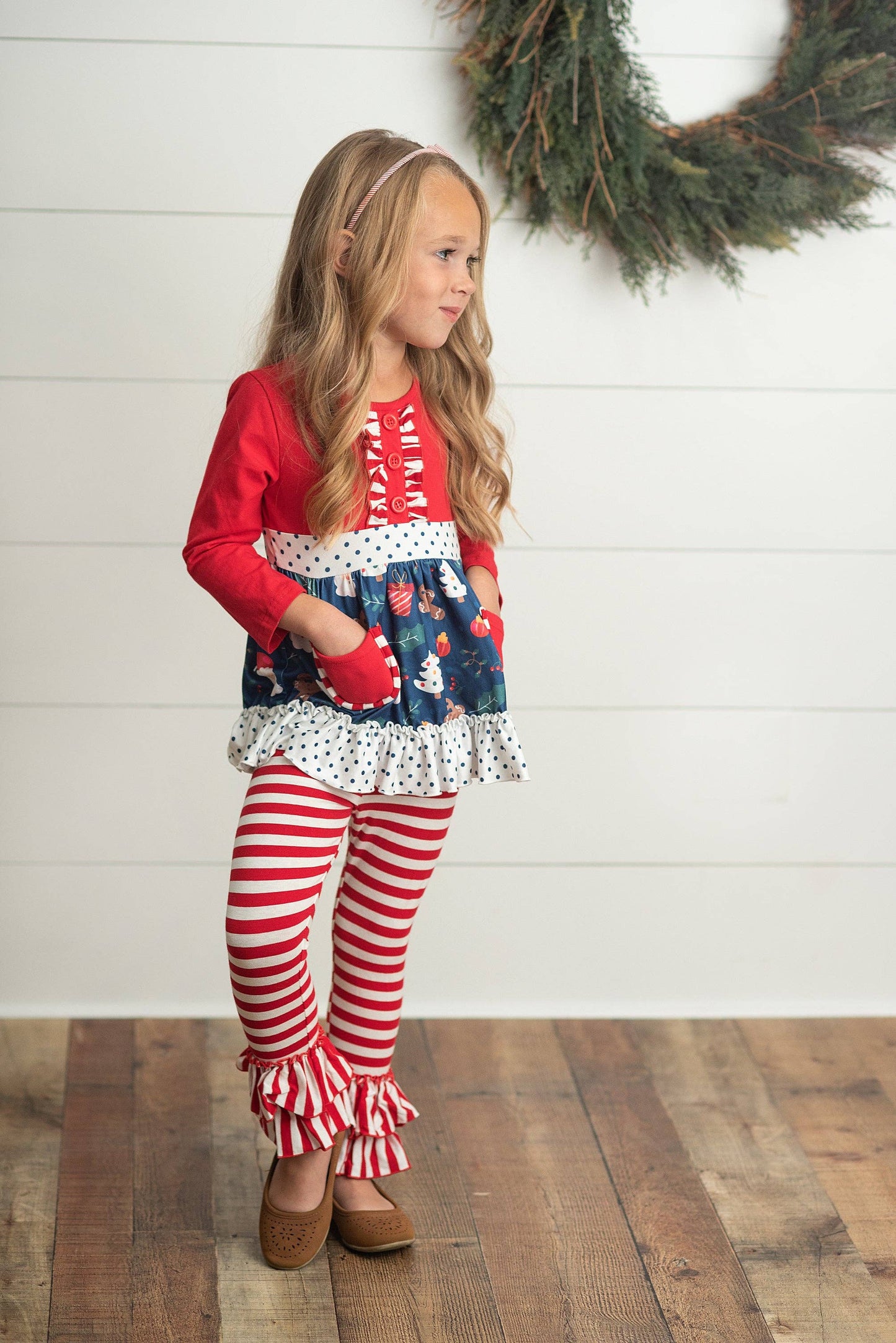 Kids Christmas Holiday Candy Cane Stripe Ruffle Pocket Boutique Outfit