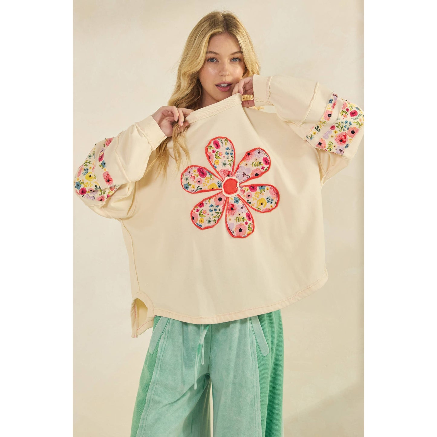 Sage & Fig Floral Appliqué Long Sleeve Top for Women