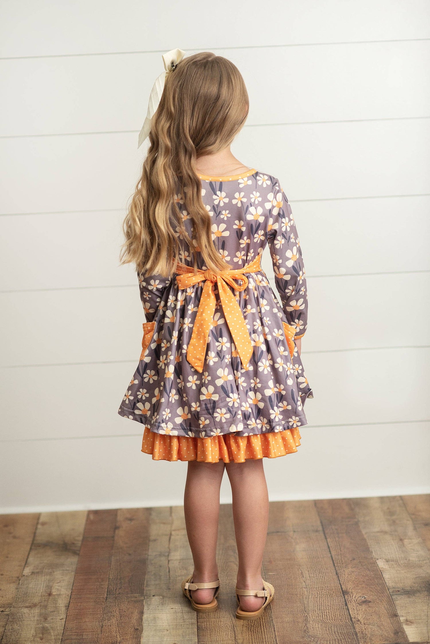 young girl's long brown dress flowers short ruffled sleeves Kids Gray & Mustard Floral Ruffle Button Pocket Dress Adorable Sweetne – Small Beginnings Boutique