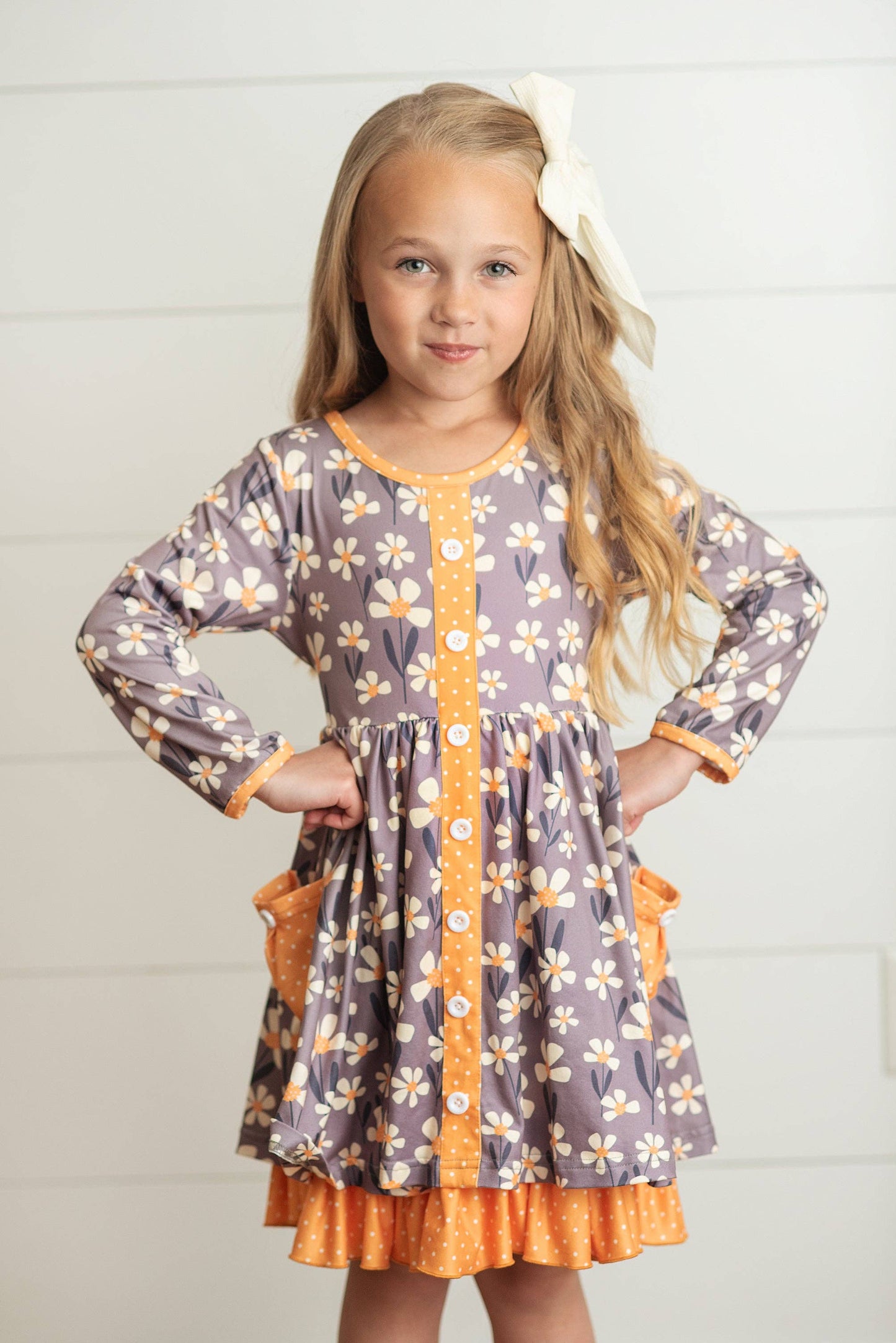 Kids Gray & Mustard Floral Ruffle Button Pocket Dress Adorable Sweetness