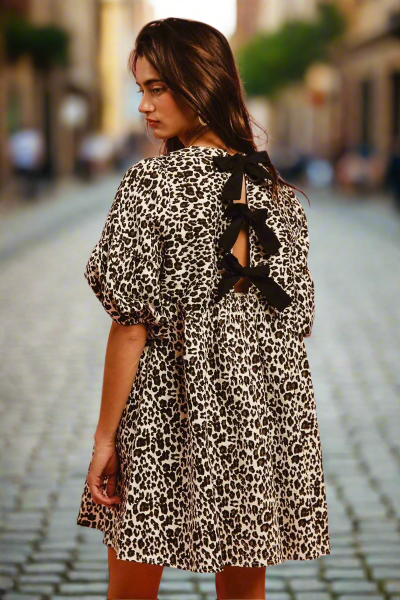 Leopard Print Denim Dress with Bow Back – BiBi Boutique Style