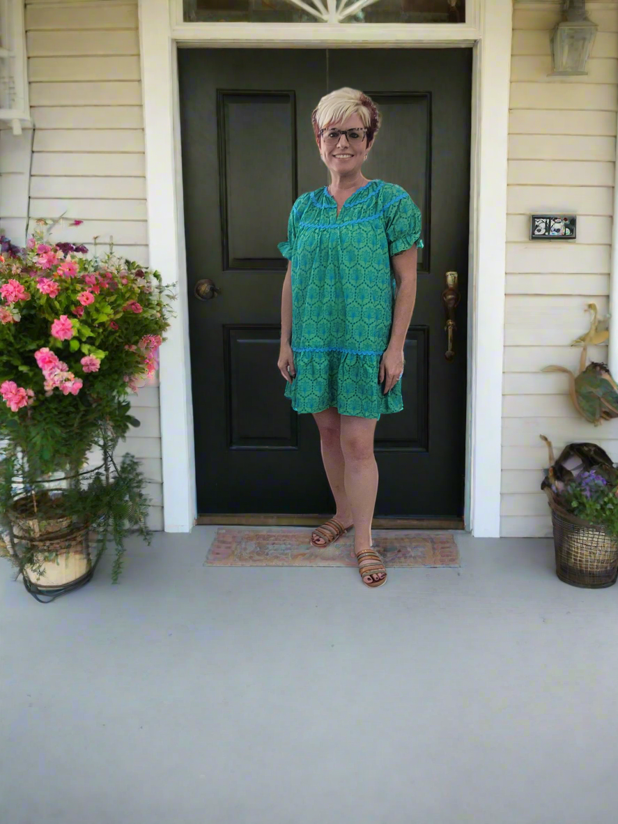 Umgee Full Size Eyelet Mini Dress With Ric Rac Trim Plus Size & Regular