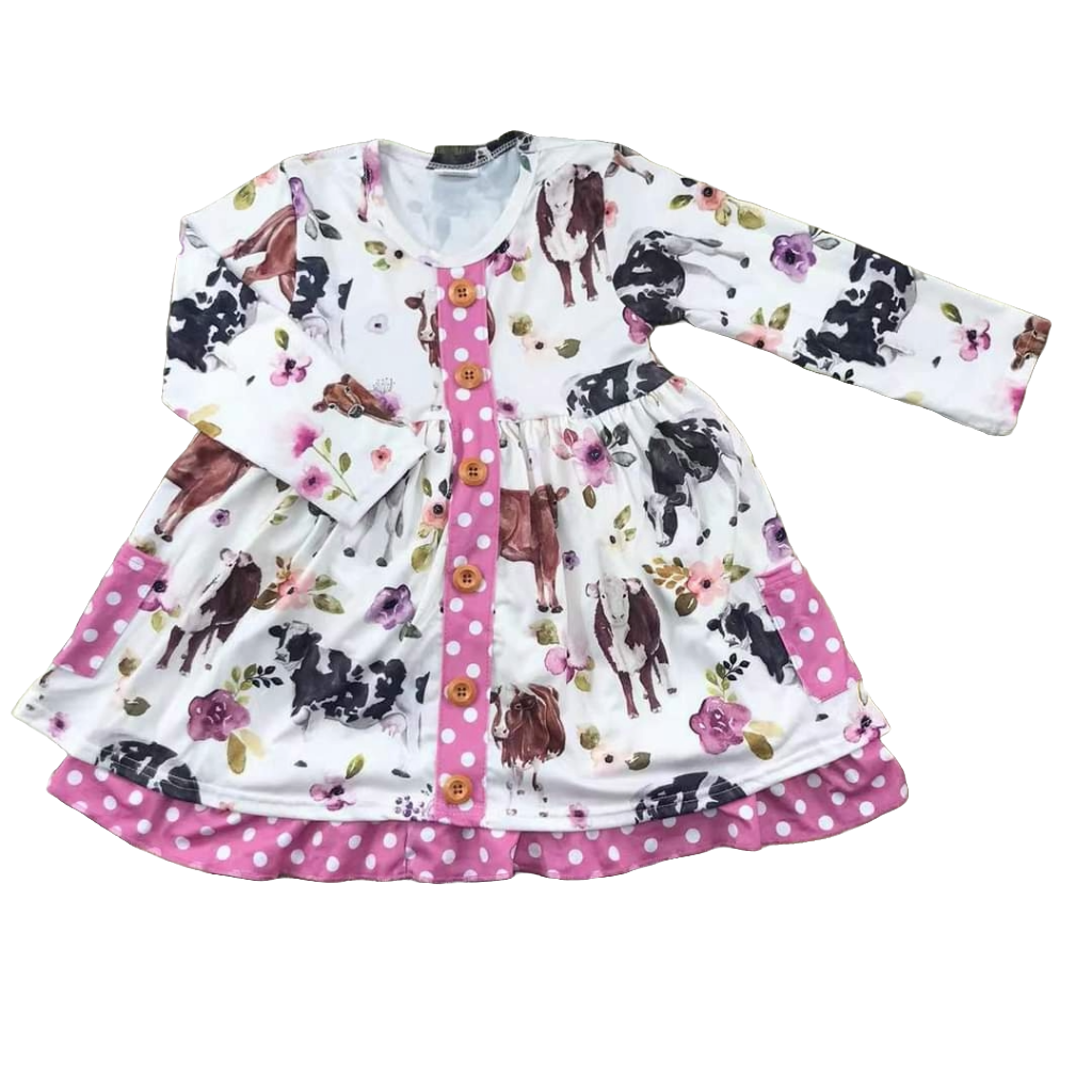 Flowery Cow Day Long Sleeve Dress