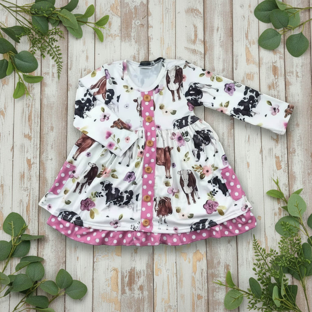 Flowery Cow Day Long Sleeve Dress