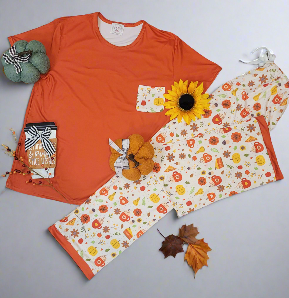 Pumpkin Spice & Leaves Pajamas| Women's Fall Pajama Set- Small Beginnings Boutique