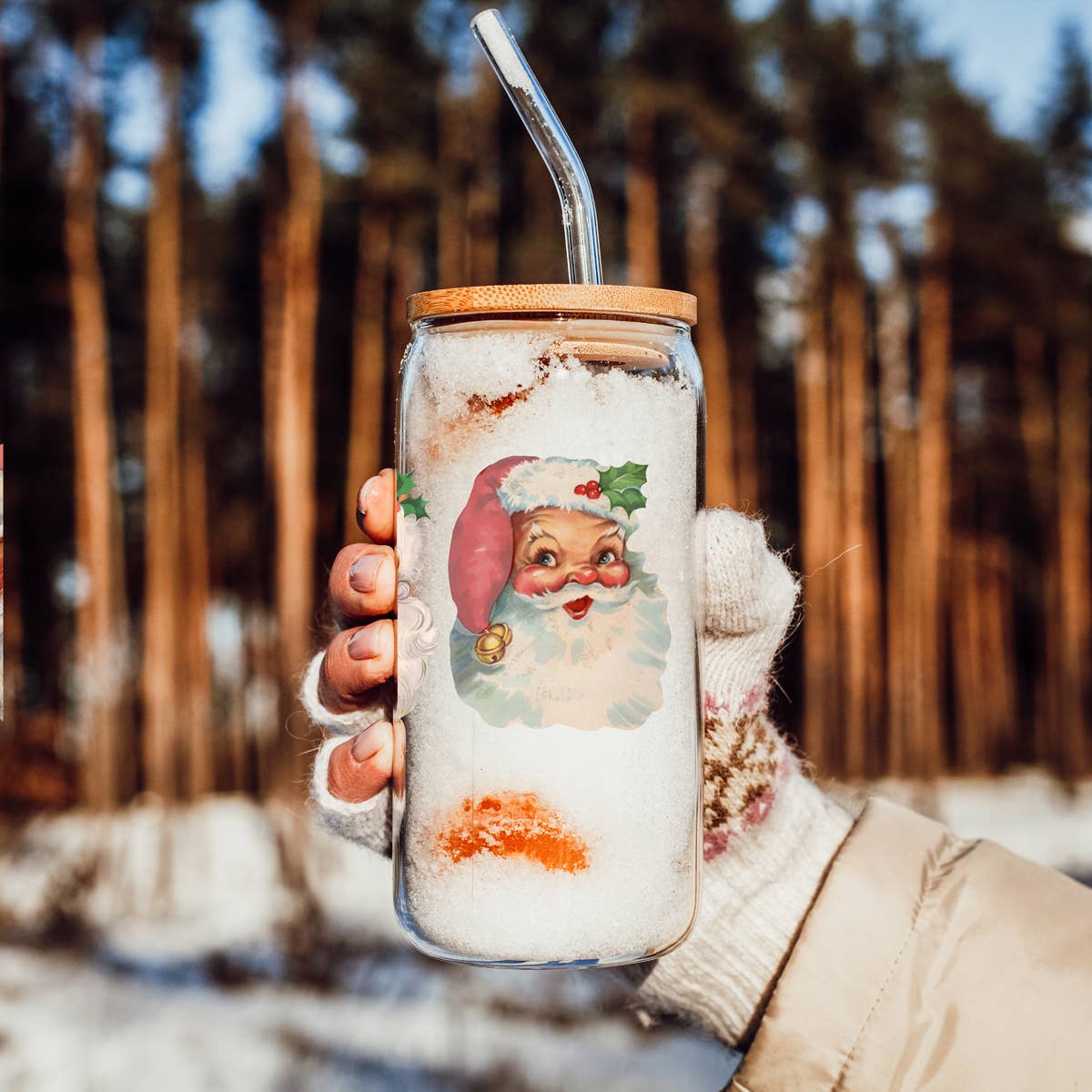 Gia Roma Candy Cane Christmas Can Glass – Holiday Cup with Glass Straw & Lid, Festive Drinkware for Christmas