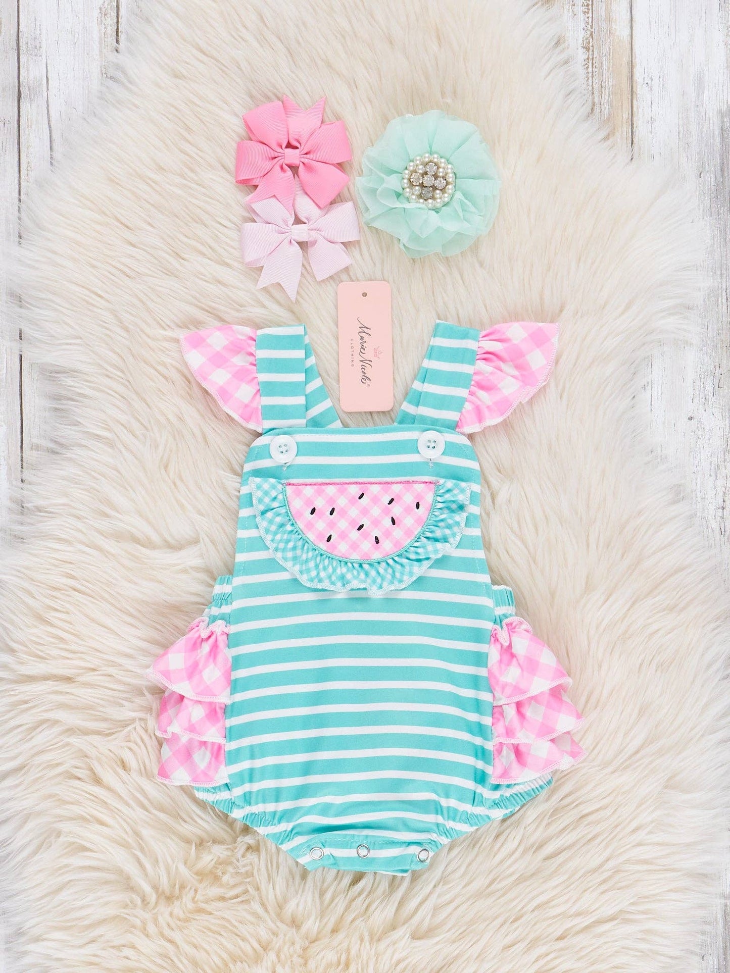 Watermelon Gingham Ruffle Bubble Marie Nicole Clothing