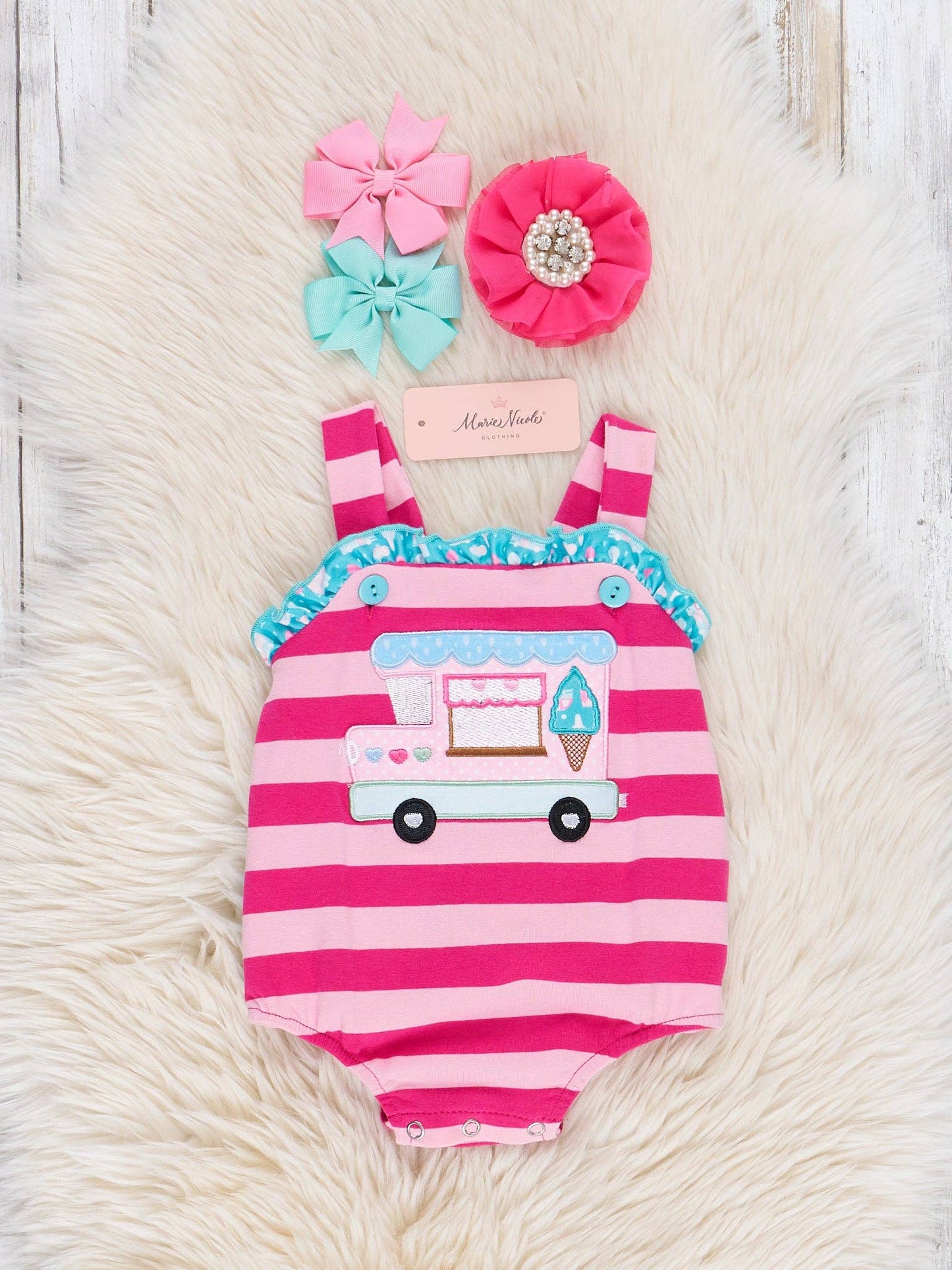 Striped Embroidered Ice Cream Truck Bubble Romper
