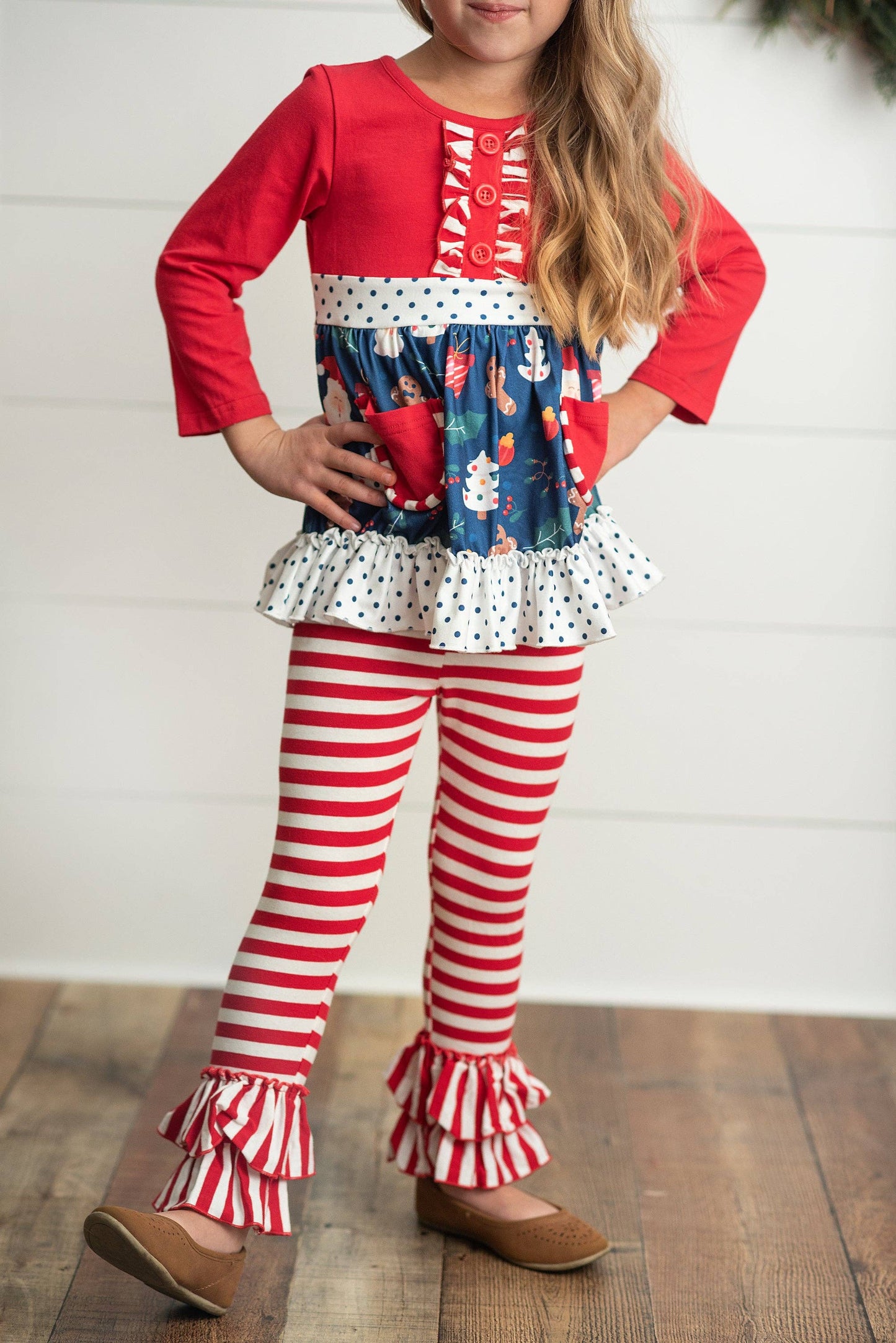 Kids Christmas Holiday Candy Cane Stripe Ruffle Pocket Boutique Outfit