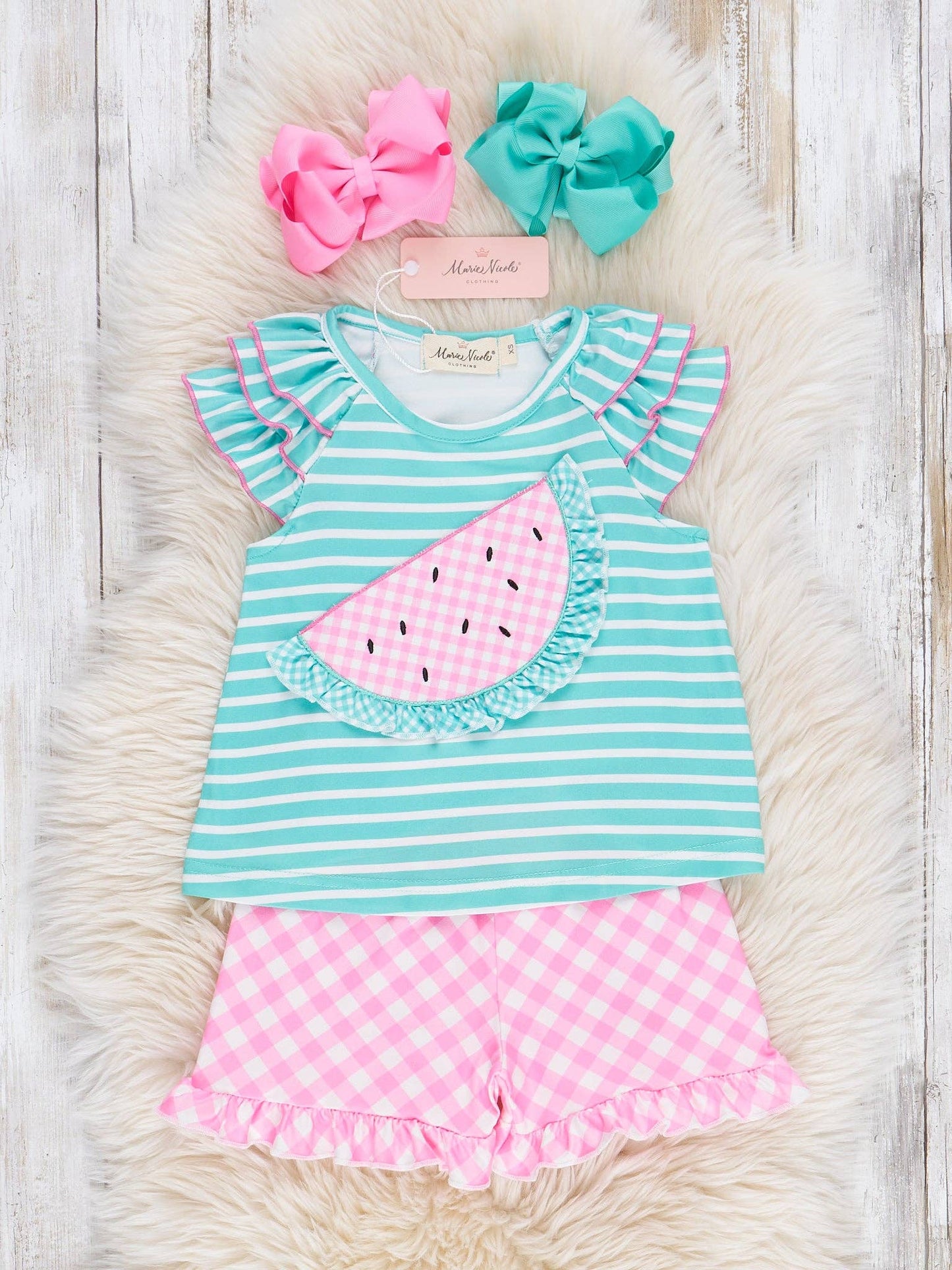 Watermelon Gingham Ruffle Outfit by Marie Nicole Clothing
