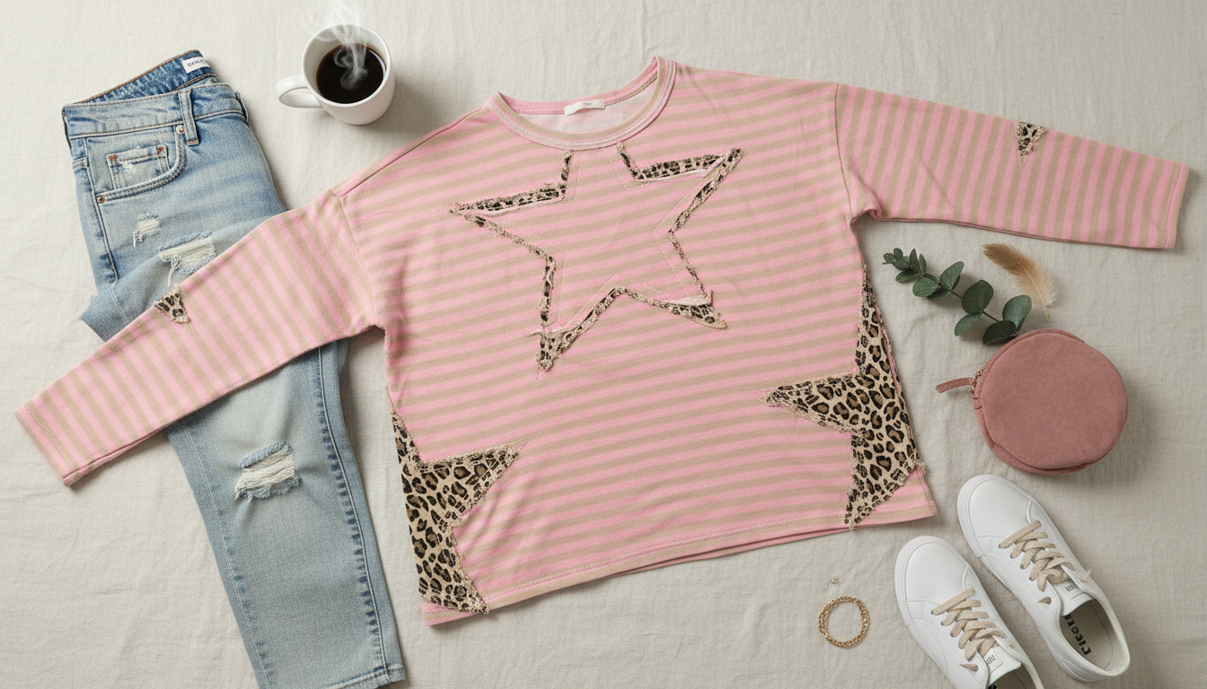 Pink Stripe Leopard Star Long Sleeve Top by Blue Velvet