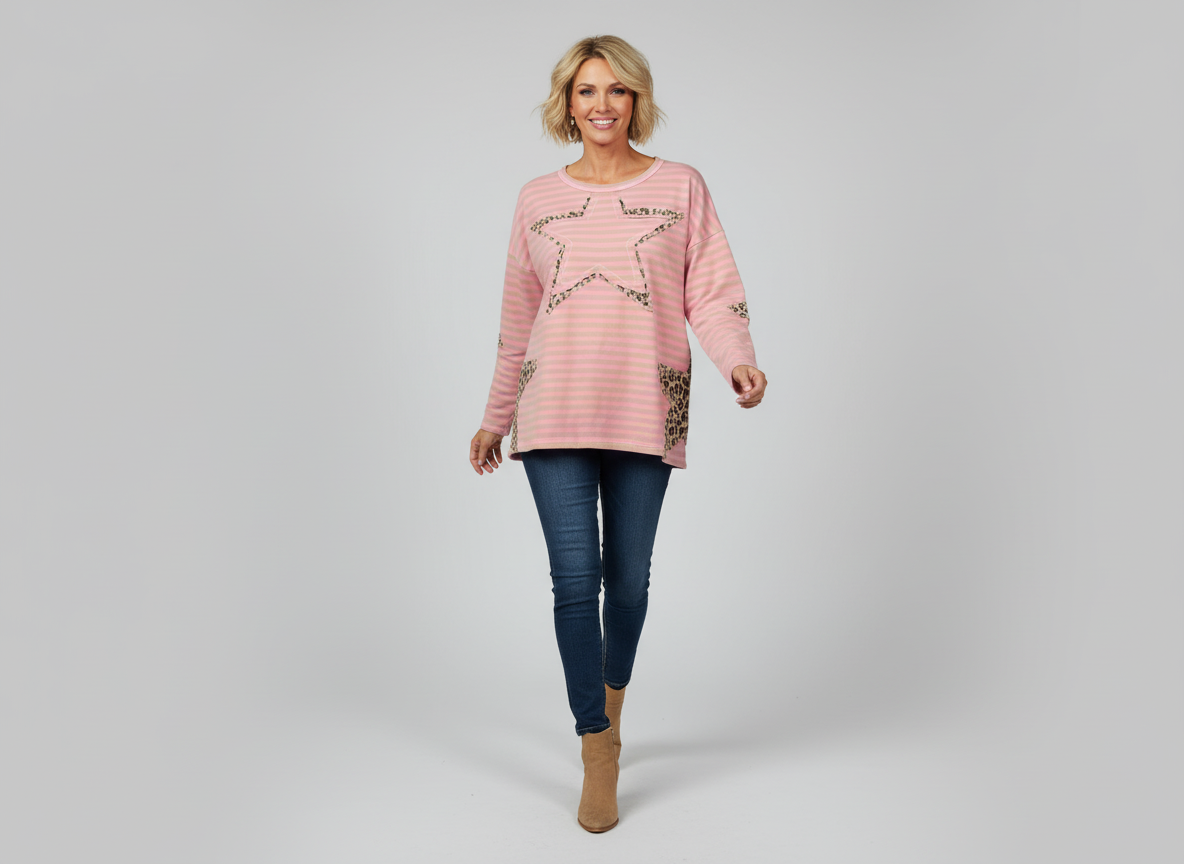 Pink Stripe Leopard Star Long Sleeve Top by Blue Velvet