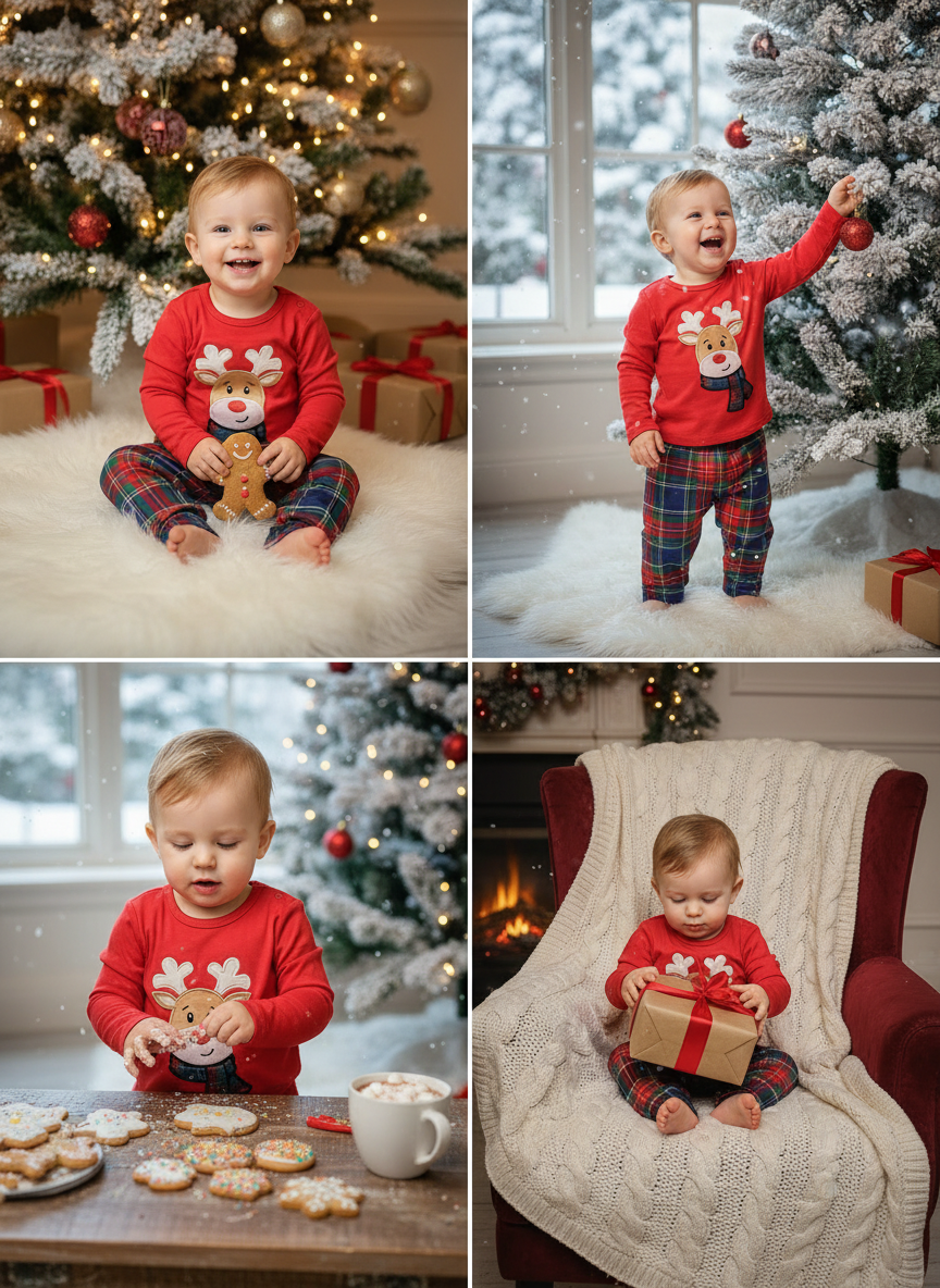 A four-panel collage of a toddler wearing a red Christmas sweater with a reindeer graphic and plaid pants in festive holiday settings. The child is shown sitting and standing in front of decorated Christmas trees, on a white rug, at a table with cookies, and sitting on a chair holding a gift box.