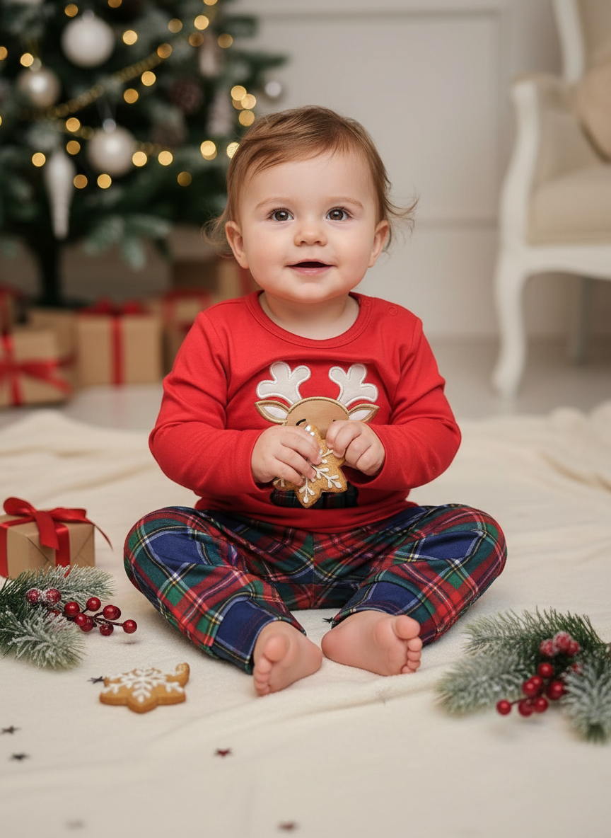 A baby sitting cross-legged on a cream blanket in a holiday-themed room, wearing a red long-sleeve Christmas shirt with a white reindeer graphic and red, green, and blue plaid pants. The background features a decorated Christmas tree, wrapped gifts, and festive greenery.