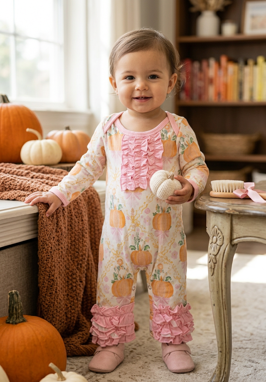 Pink Pumpkin Ruffle Romper- Baby Girl Fall Outfit Heirloom pumpkin outfit