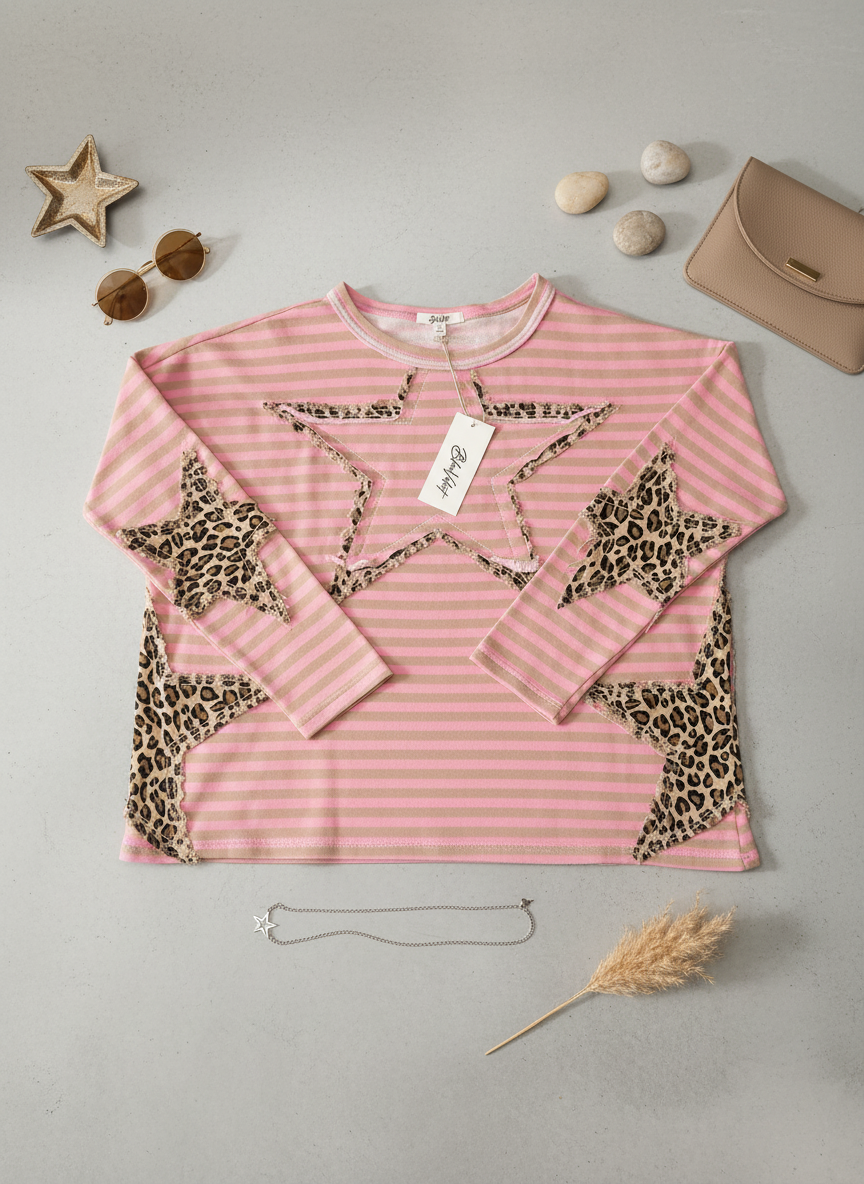 Pink Stripe Leopard Star Long Sleeve Top by Blue Velvet