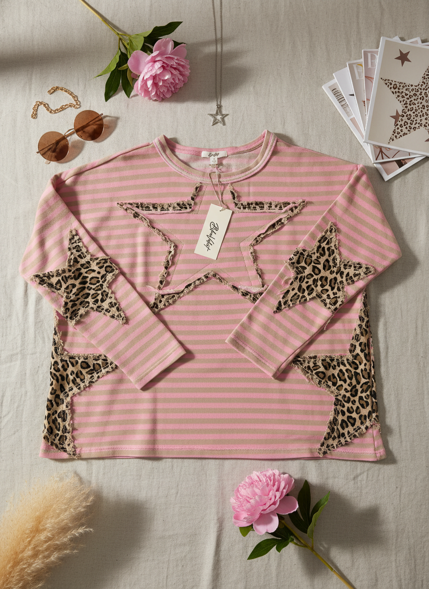 Pink Stripe Leopard Star Long Sleeve Top by Blue Velvet