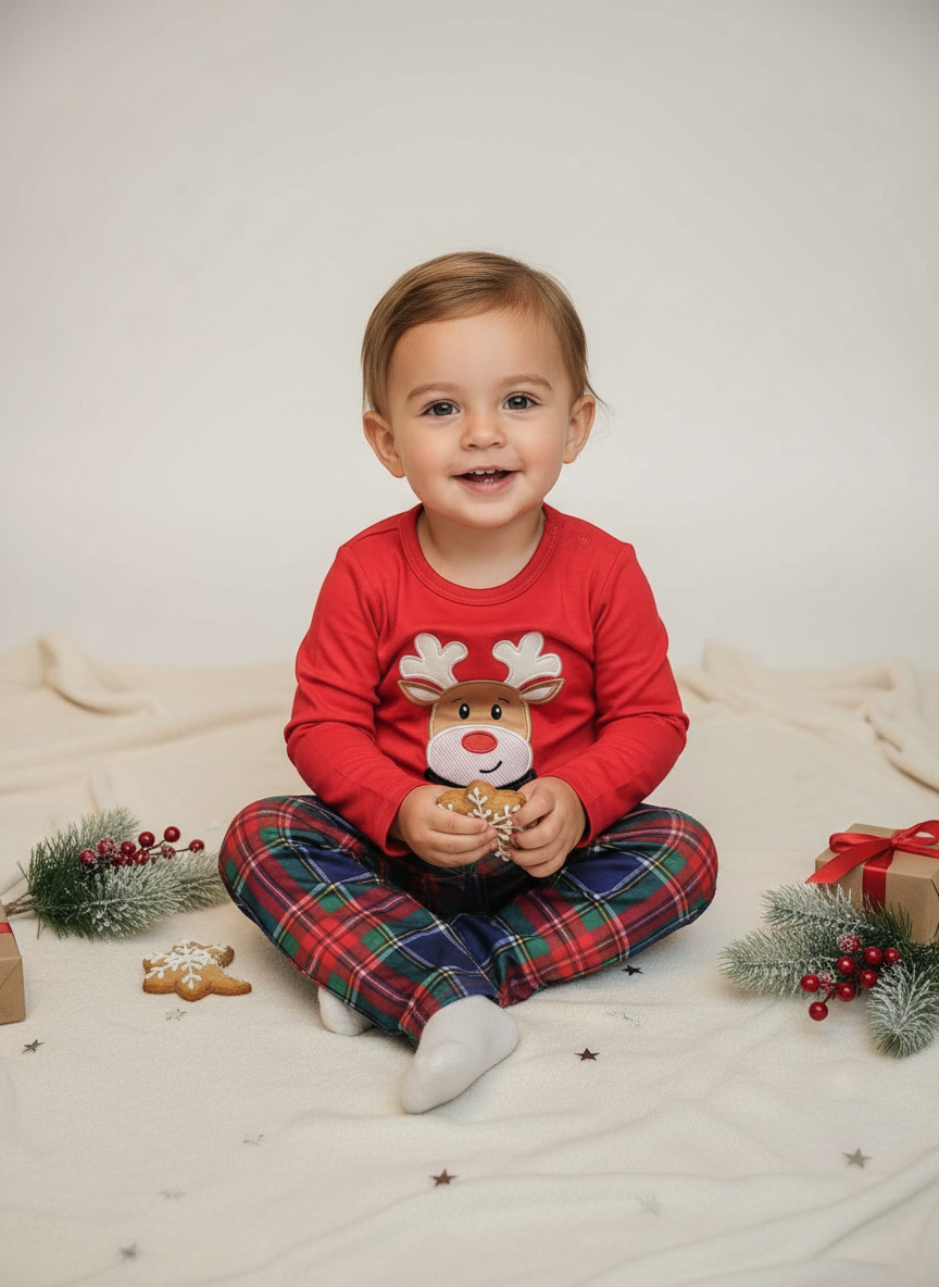 Boys Christmas Reindeer Plaid Outfit Set | Kids Christmas Clothes