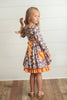 Kids Gray & Mustard Floral Ruffle Button Pocket Dress Adorable Sweetness