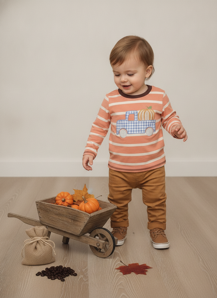 A toddler stands on a light wood floor wearing a peach and white striped long-sleeve shirt with a blue gingham truck graphic, paired with brown pants and sneakers. The child is posed next to a small wooden wheelbarrow filled with pumpkins and autumn leaves, with a burlap sack and coffee beans on the floor.