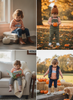 A four-panel collage showing a toddler in different styled autumn scenes: sitting indoors by a window, standing outdoors in a park holding a pumpkin, sitting on a chair reading a book, and standing outdoors near hay bales and pumpkins. The child wears striped long-sleeve tops, overalls or a vest, jeans, and boots, with pumpkins and fall foliage in the background.